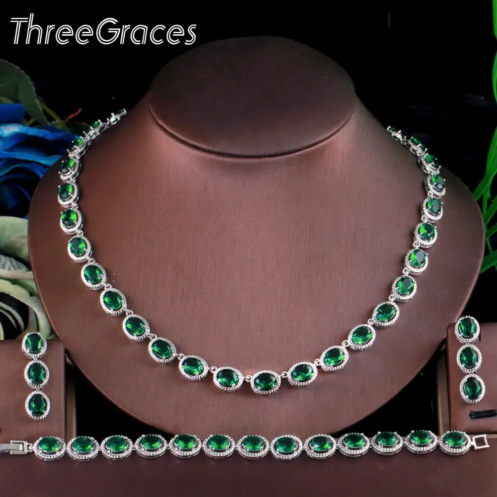 ThreeGraces 3 бр. най-Високо Качество Зелен Кубичен Цирконий Класически Сребърен Цвят Африкански Женски Сватбен Костюм За Парти Бижута TZ562 Изображение 0