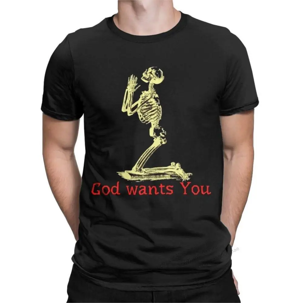 Свободно Време Молящийся Скелет Бог Иска Да Сте Тениски За Мъже Crewneck Тениски От Чист Памук С Къс Ръкав Тениска С Оригинални Капаци Изображение 0