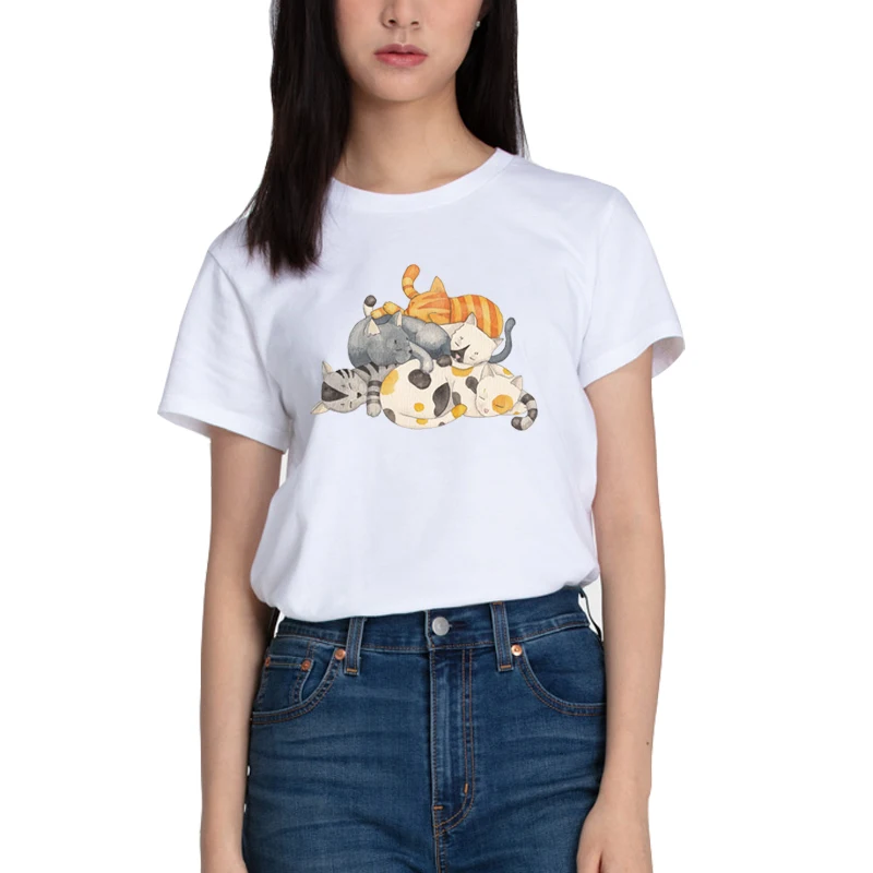 Тениска с изображение на Котка Kawai, Лятна Ежедневни Тениска с Кръгло деколте и Къс Ръкав За Момичета, Забавна Черна Мека Дишаща дамски Блуза Изображение 0