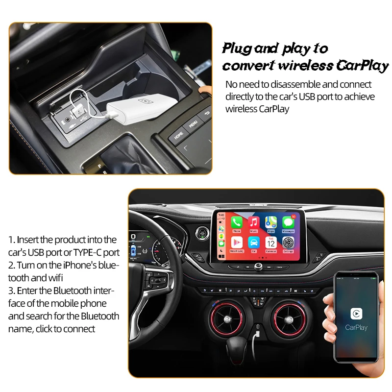 Smart CarPlay Box Carpaly Модул P3819 Bluetooth 5,0 Безжичен Type-C Поддръжка на Siri Двойна WiFi Поддръжка на Wi-Fi интернет Приложение за Оригиналната Кола Изображение 5