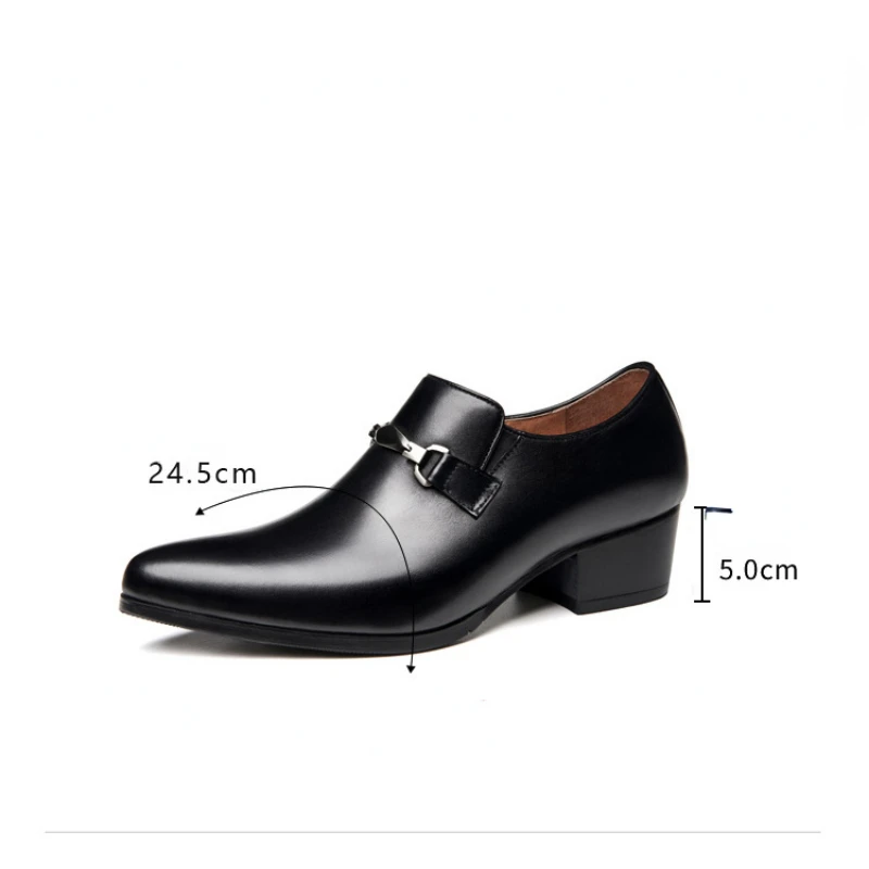 Мъжки обувки от телешка кожа на първия слой, корейската ежедневни ежедневни обувки, които растежа, Официалната кожена ръчно изработени обувки, мъжки обувки на висок ток Изображение 3