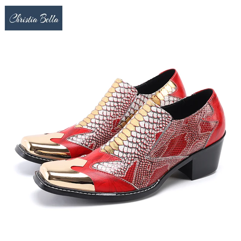 Christia Bella/Модни Червени мъжки Обувки От естествена Кожа, кафяво С Квадратна пръсти, Вечерни обувки За Сватбени Партита, Увеличаване на Растежа, Бизнес Обувки Изображение 0