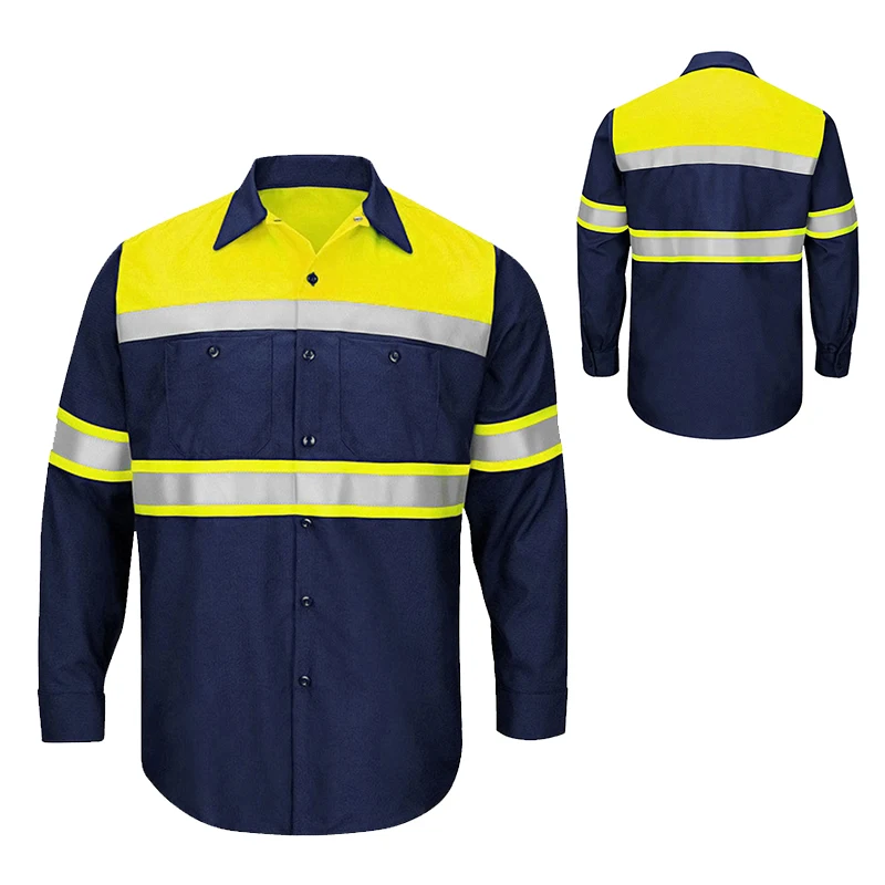 Мъжки ризи с висока видимост със Светоотражающей лента Hi Vis, работни облекла от 100% памук с Дълъг ръкав 2-тонного блок цветове Изображение 0