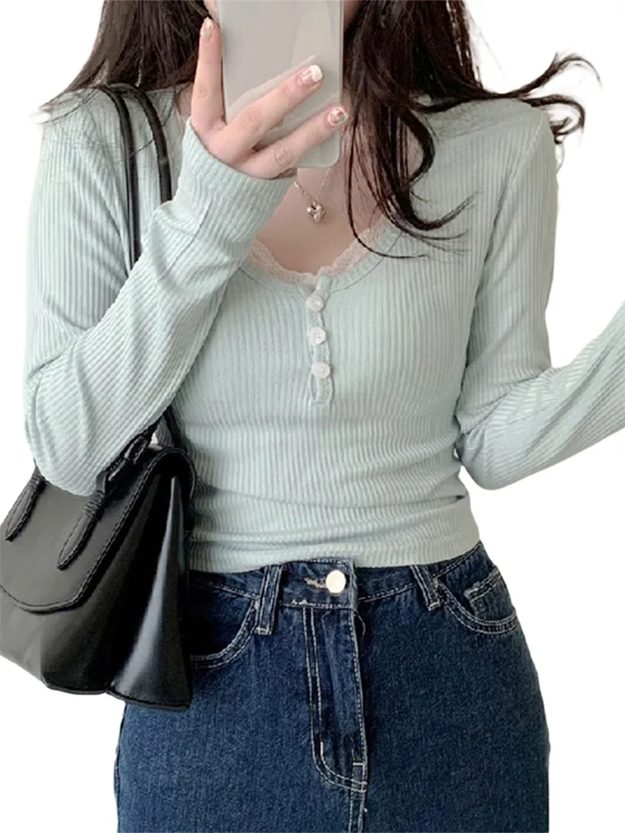 Дамски пролетно-есенна риза с дълъг ръкав и кръгло деколте, завързана тънък женски топ, случайни всекидневни Изображение 0