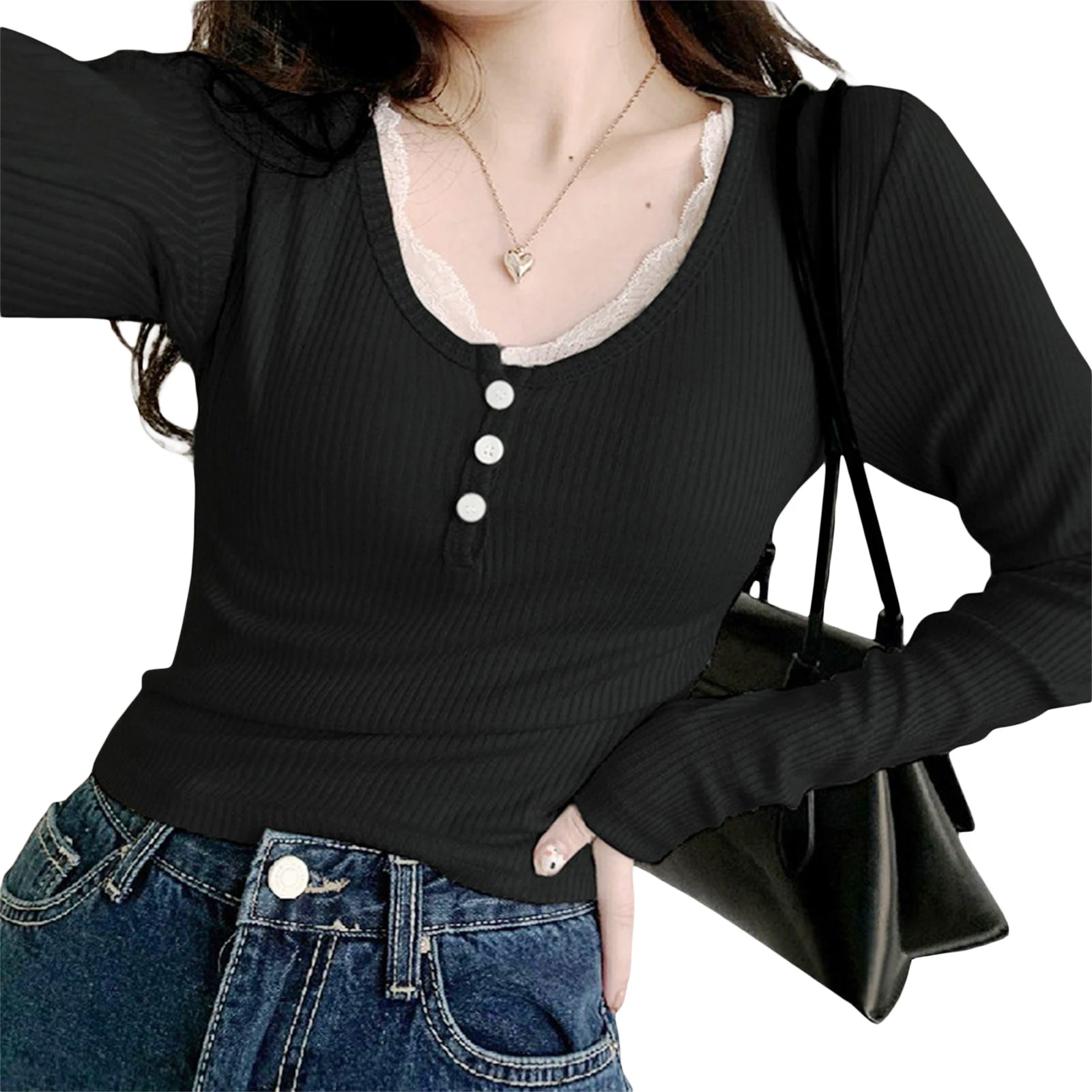 Дамски пролетно-есенна риза с дълъг ръкав и кръгло деколте, завързана тънък женски топ, случайни всекидневни Изображение 5